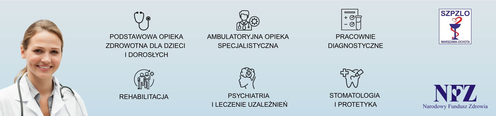 Slajd promujący SZPZLO Warszawa-Ochota – informacja o dostępnych usługach: POZ, opieka specjalistyczna, diagnostyka, rehabilitacja, psychiatria, stomatologia. Logo NFZ.